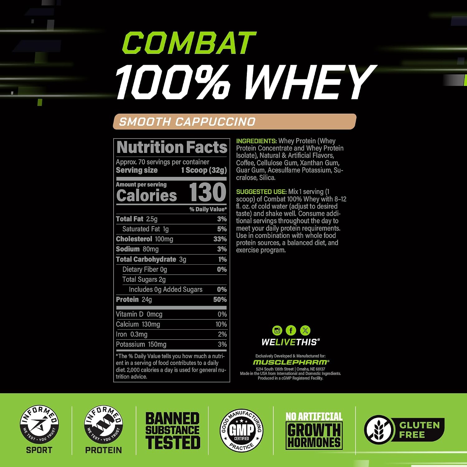 MusclePharm Combat 100% Whey Protein Powder, Vanilla Flavor, Fast Recovery & Muscle Gain with Whey Protein Isolate, High Protein Powder for Women & Men, Gluten Free, 5 lb, 70 Servings | Whey Protein Isolate, Fast Recovery Support, Muscle Gain Support, Hi…