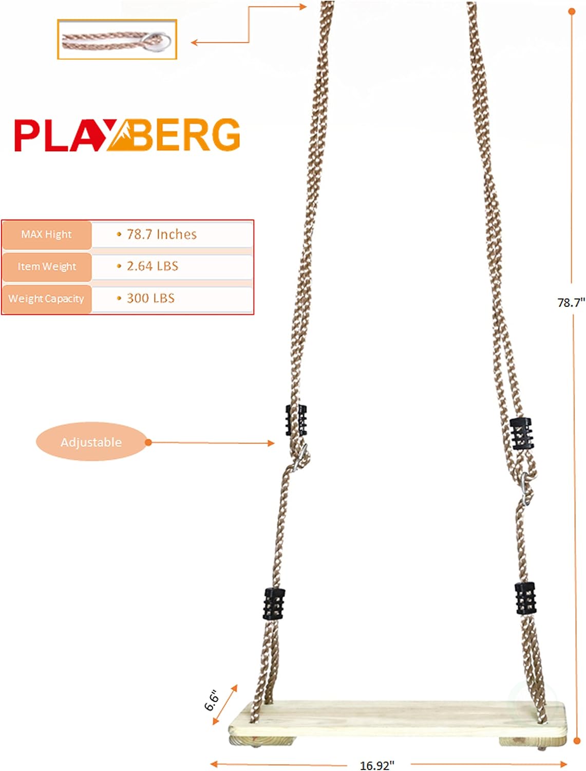 PLAYBERG Outdoor Wooden Tree Swing with Hanging Ropes