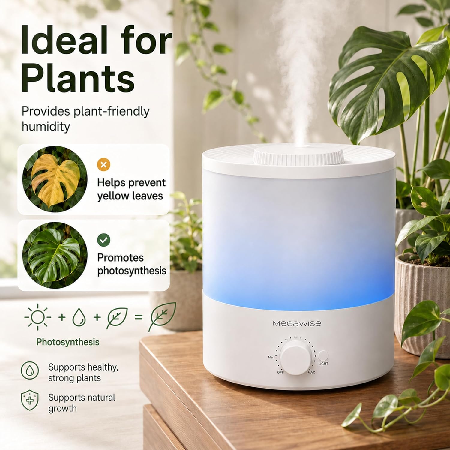 MEGAWISE 1.5L Cool Mist Humidifier for Bedroom, 25dB Quiet