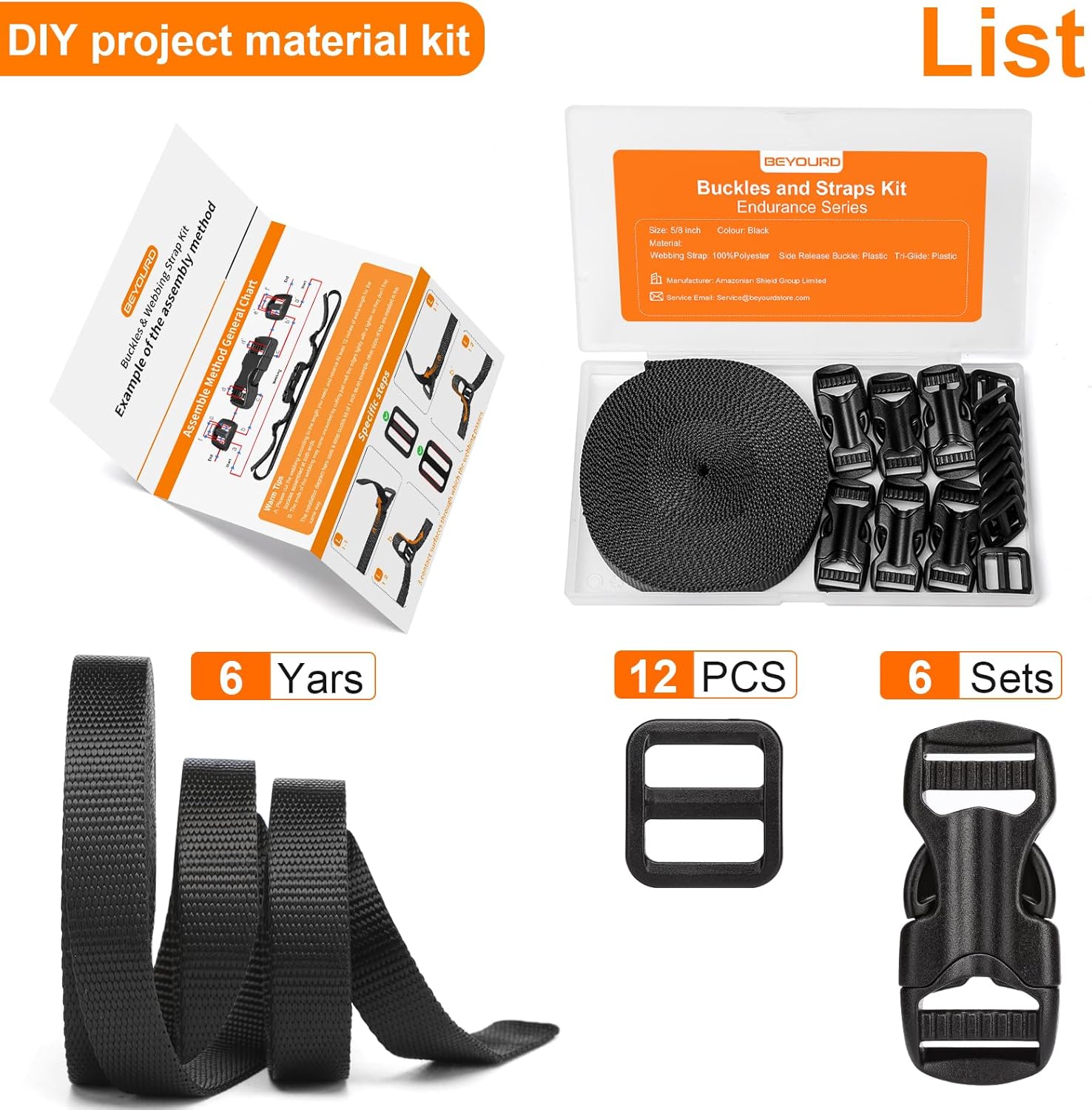 BEYOURD Buckles and Straps Set 1": 6 Yards of Thick Nylon Webbing, 6-Pack Heavy Duty Adjustable Quick Side Release Plastic Buckles