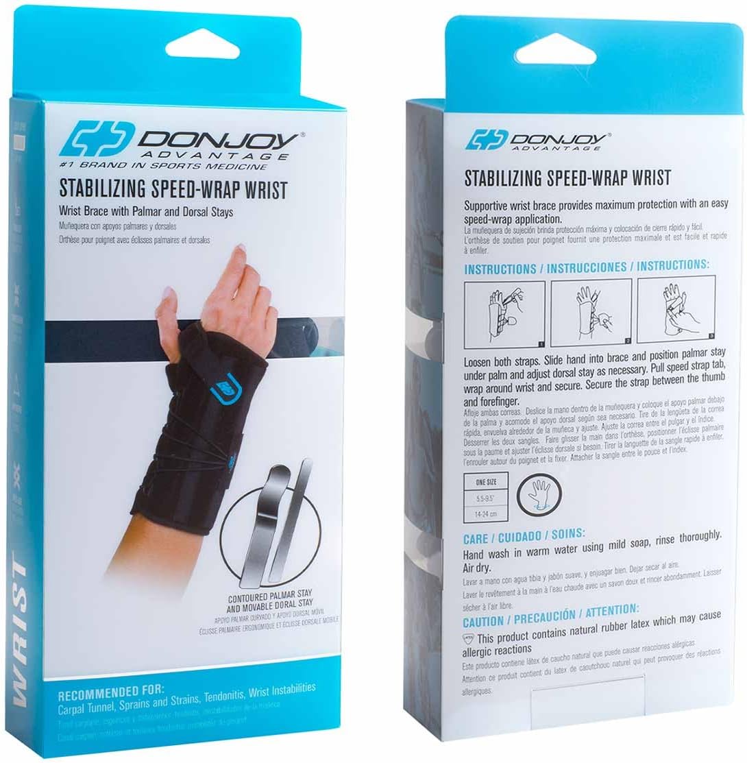 DonJoy Advantage DA161WB02-BLK-R Stabilizing Speed-Wrap Wrist Brace for Carpal Tunnel, Sprains, Strains, Tendonitis, Instabilities, Palm/Dorsal Stays