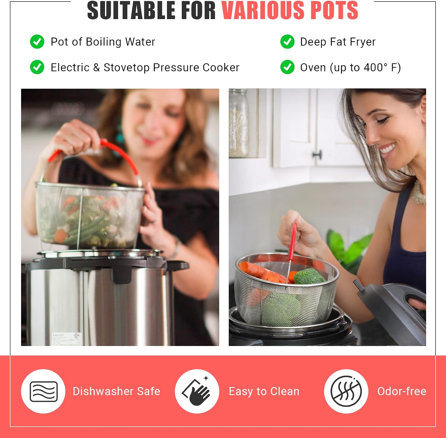 Salbree Steamer Basket for 6qt Instant Pot and Many Other Pressure Cookers | Stainless steel strainer insert with silicone handle fits the 6qt Instant Pot and most air fryers. Comes in 3 different sizes