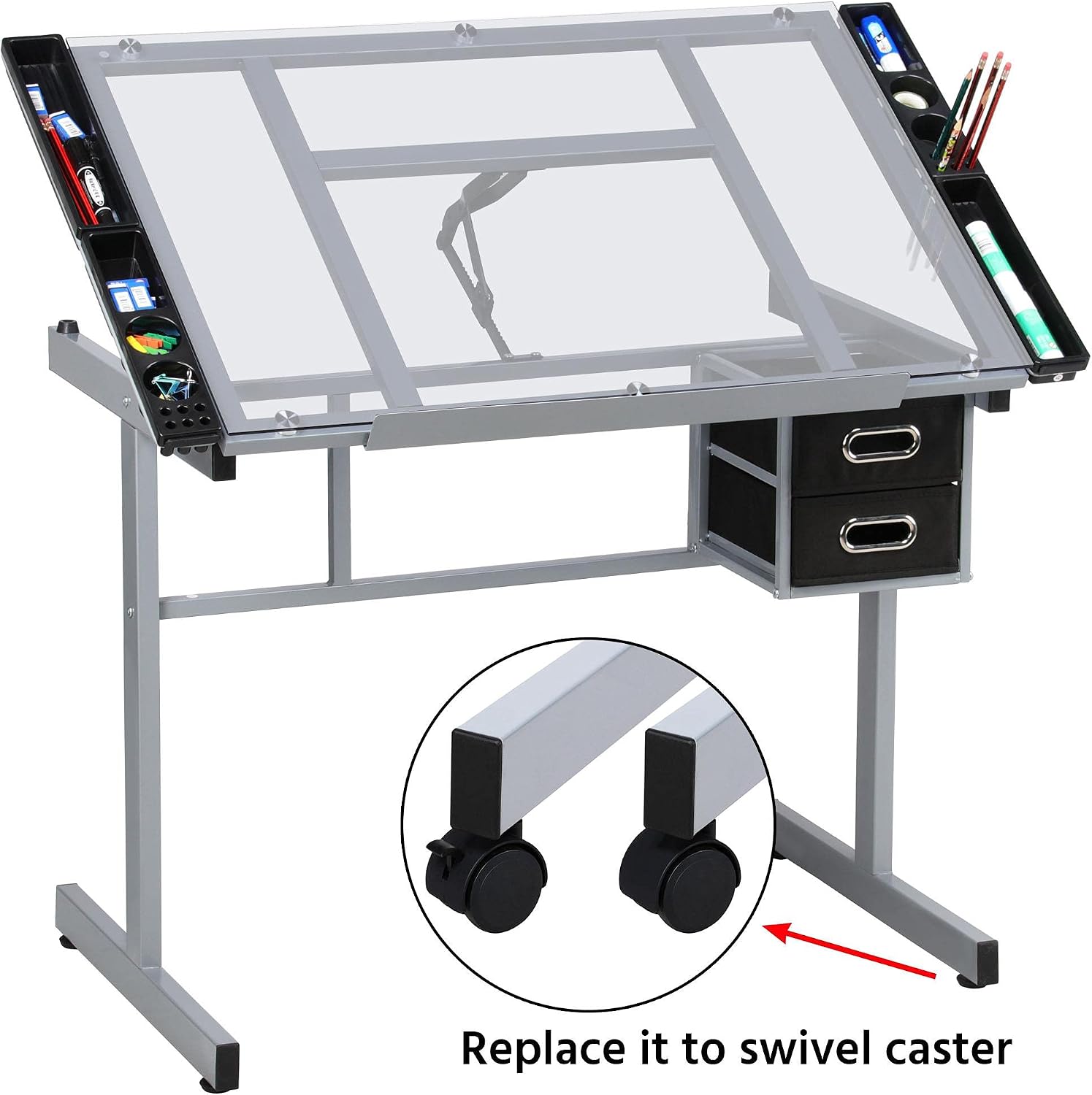 Yaheetech Glass Drafting Table with Storage, Adjustable Art Drawing Desk | Tempered glass top on a steel frame tilts 0-60° for drawing, tracing