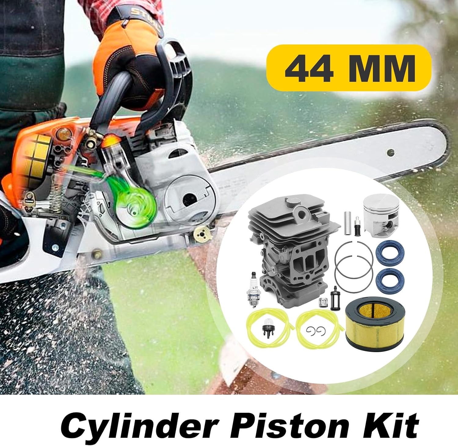 Anxingo 44mm Cylinder Piston Kit, Replacement for Stihl MS251 MS 251 Chainsaw 1143-020-1207 11430201207