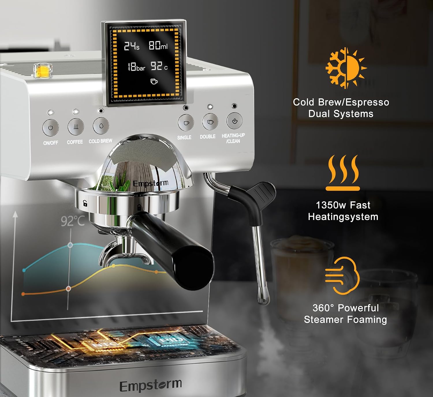 Empstorm CB2 20 Bar Espresso Machine with Milk Frother Steam 1350W Silver | LED Display Compact Espresso maker Cold Brew& Hot Coffee Maker