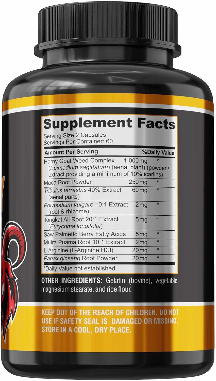 YUMMYVITE Horny Goat Weed Extra Strength Blend, w. Maca, Arginine, Ginseng, Tribulus, Tongkat, Libido, Stamina, Energy Support, Non-GMO Formula