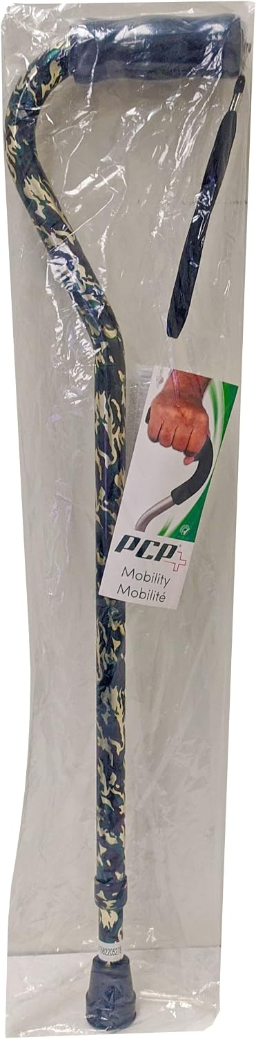 PCP Adjustable Cane, Offset Handle, Foam Grip, Wrist Strap, Lightweight Aluminum, Hunter Camouflage Pattern