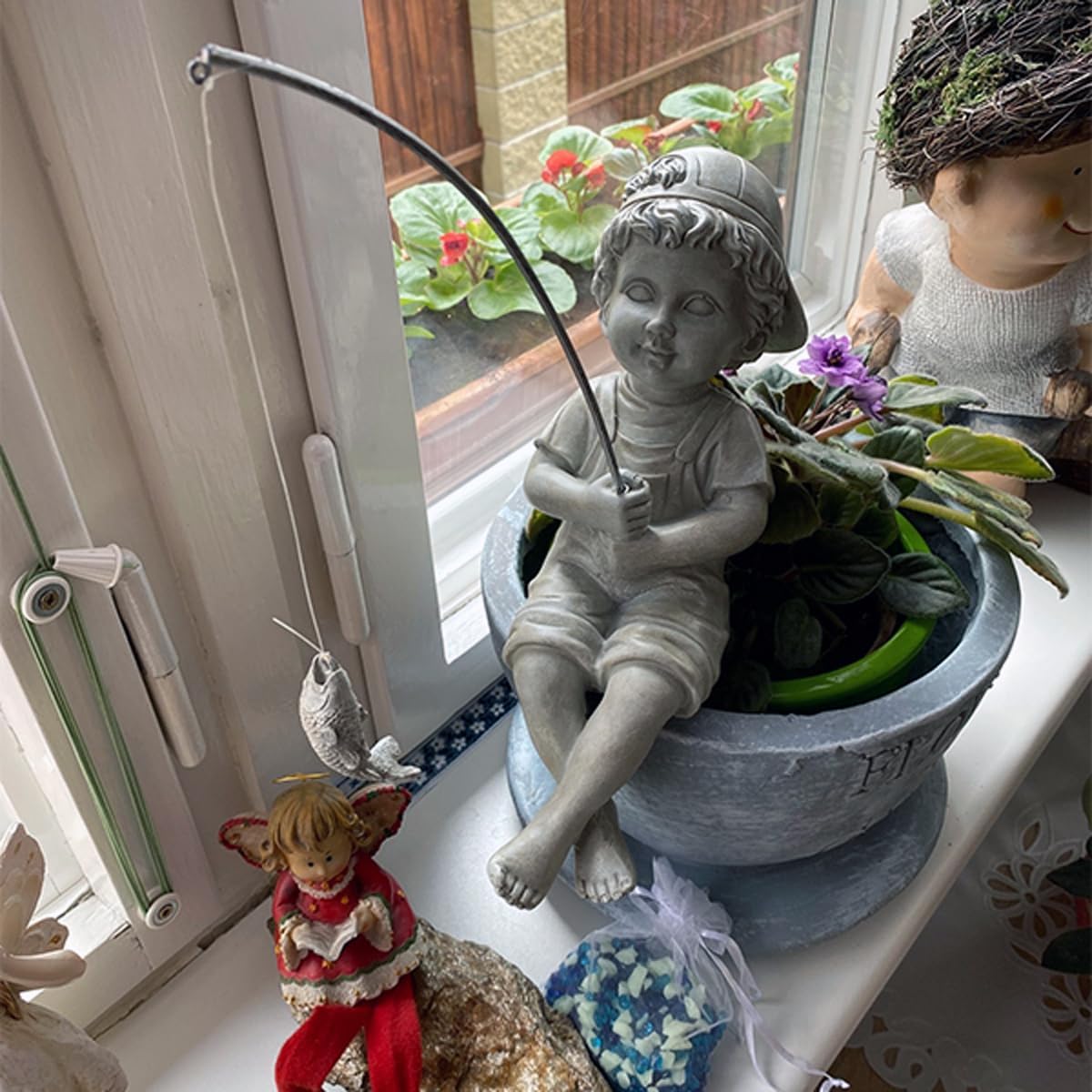 Goodeco Fisherboy Statue Garden Decor - 11" Little Fishing Guy for Koi Pond or Waterfalls, Poolside Statue with Glow in Dark Pebbles Included