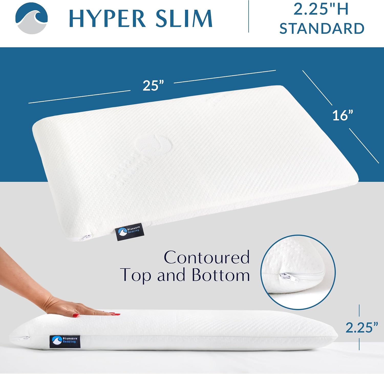 Bluewave Bedding Hyper Slim Gel Memory Foam Pillow for Stomach and Back Sleepers - Thin