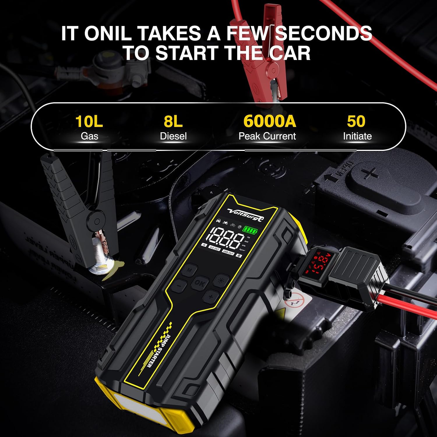 Car Jump Starter with Air Compressor, VoltSurge 6000A Peak 12V Battery Jumper Starter Portable Booster Pack