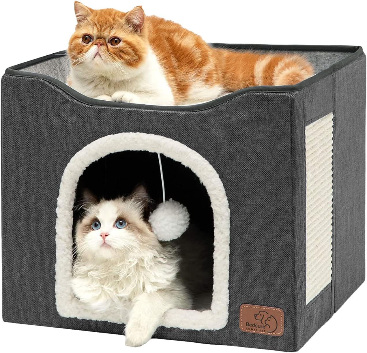 Bedsure Cat House Bed for Indoor Cats with Fluffy Ball and Scratch Pad,Grey