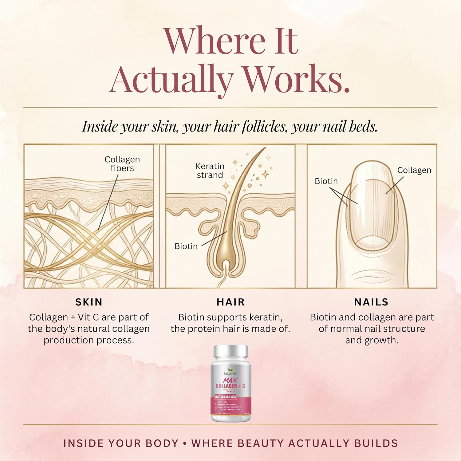 Max Collagen Plus C (60 caps) - All Natural Collagen Capsules with Biotin & Bioperine to Boost Anti Aging Hydration & Skin Firmness - Collagen Pills to Strengthen Bones & Nails