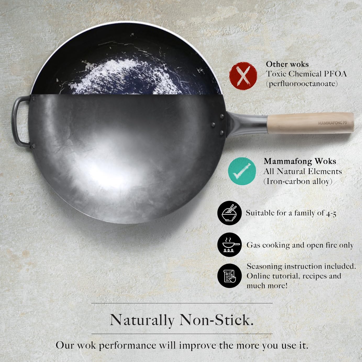 Round Bottom 14-inch Traditional Carbon Steel Wok Pan - Authentic Hand Hammered Woks and Stir Fry Pans - Pow Wok with no chemical coating