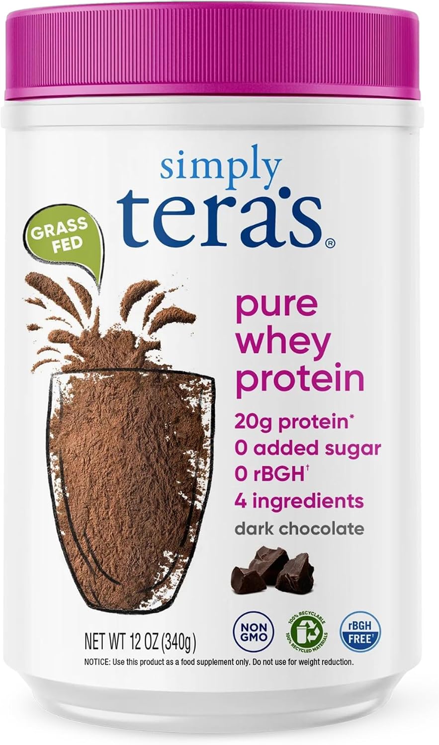Simply tera's Pure Whey Protein Powder, Dark Chocolate, Clean Label - 12 Oz | Clean Whey Protein Powder, Made Without Artificial Sweeteners, Non-GMO, Kosher, rBGH-Free