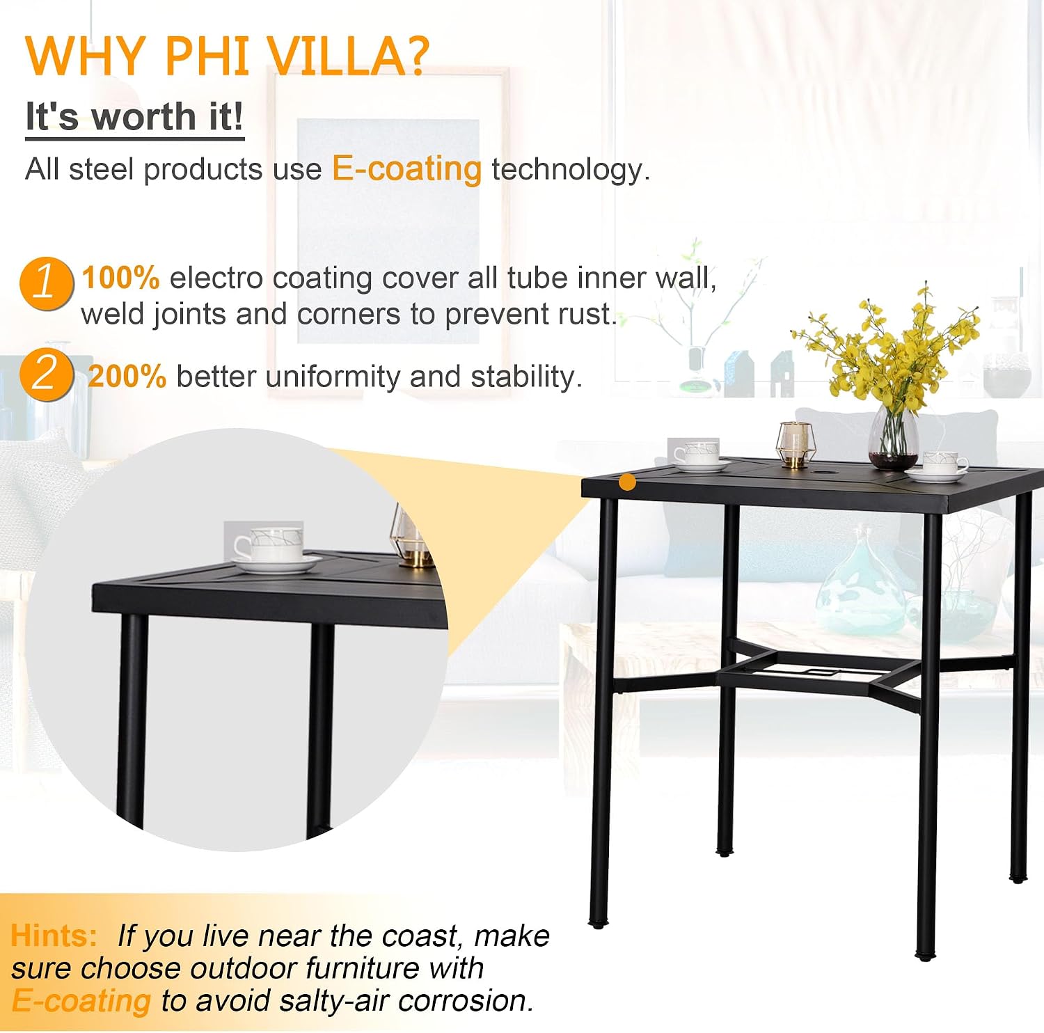 PHI VILLA Outdoor Bar Set 3 PCS Patio Bistro Table & Swivel Stools