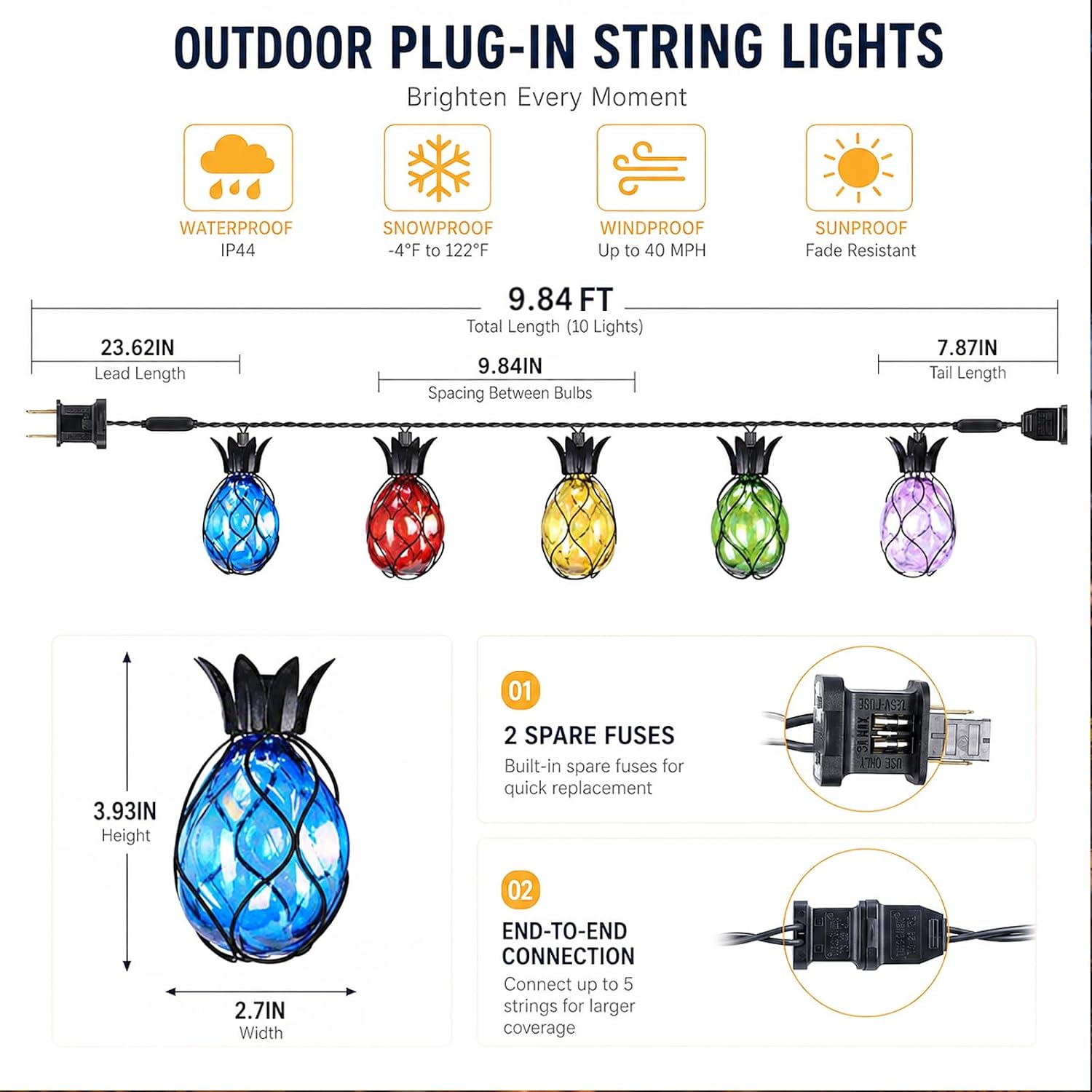 Vigdur Pineapple String Lights, 10FT Multicolor Patio Lights Outdoor