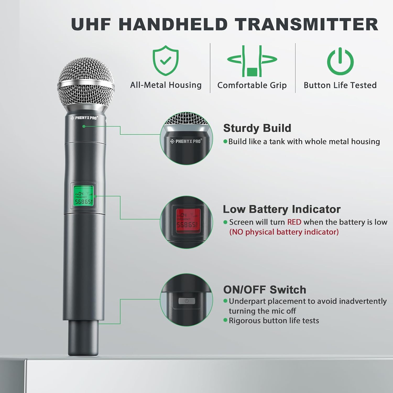 Phenyx Pro 4-Ch UHF Fixed Frequency Wireless Microphone System PTU-5000-4H | 4 Dynamic Handheld Mics, Metal Build, 260 ft Range, Singing