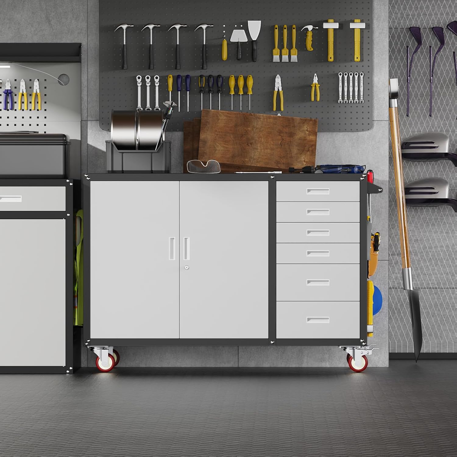 Eltean 55" W Rolling Workbench with 6 Drawers and Storage Cabinet, 1000 LB Capacity Heavy Duty Work Bench with Pegboard and Adjustable Shelf