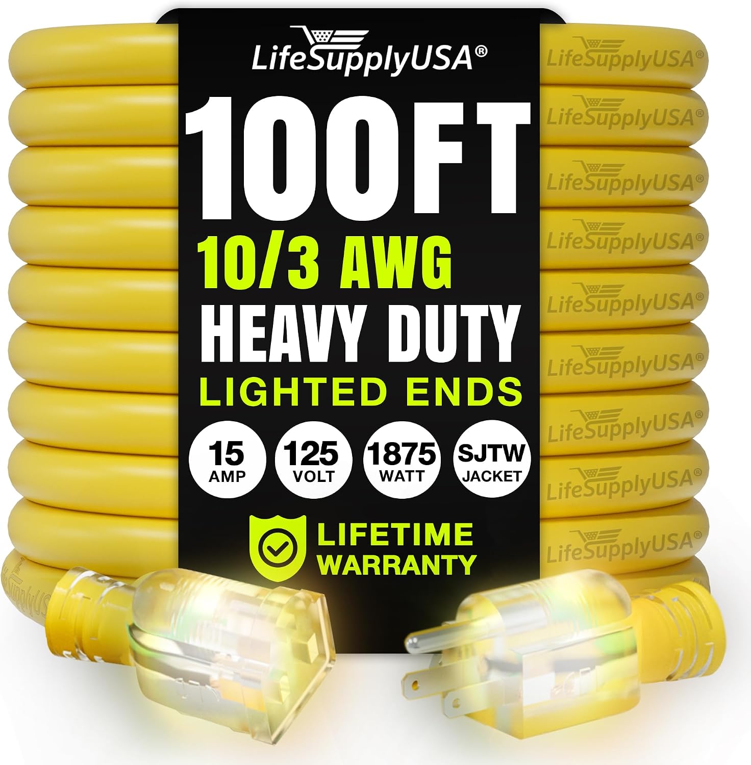 25ft Outdoor/Indoor Extension Cord 12/3 Gauge Extra Heavy Duty 3 Prong SJTW, Waterproof, Flexible Cold-Resistant Long Power Cord,15A 125V 1875W, Yellow by LifeSupplyUSA