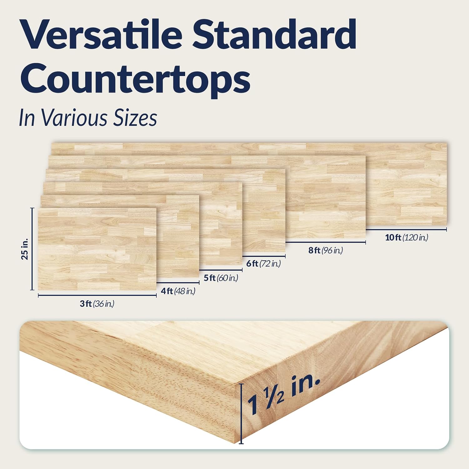 Howizz Butcher Block Countertop 48 x 25 x 1.5 - Hevea Unfinished Solid Wood Table Top, Wood Countertop for DIY Desk, Table, Workbench, Kitchen Island.