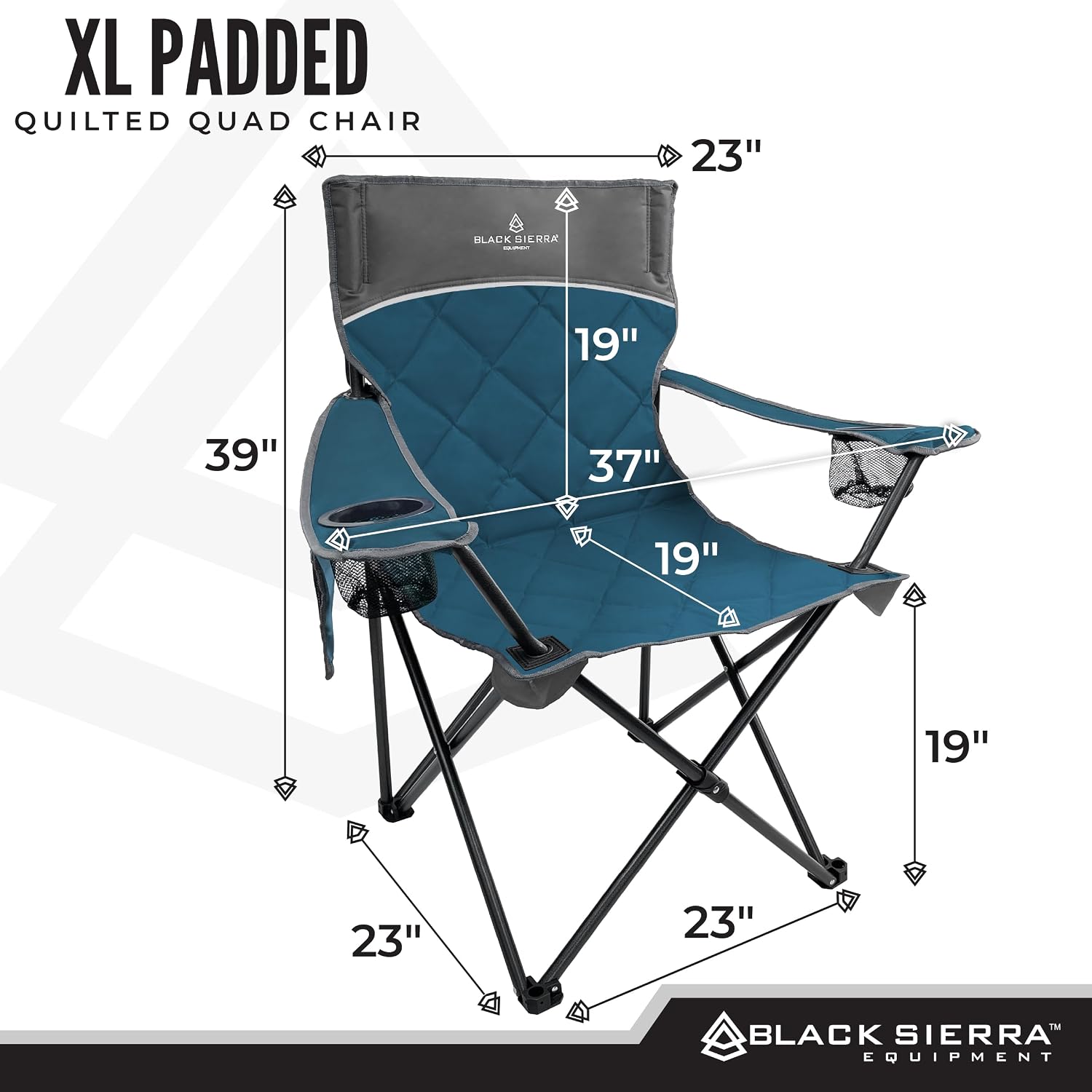 Black Sierra Quilted Padded Camping Chair, Oversized Heavy Duty Outdoor Lounge Seat Supports 300 lbs, Portable, Folding with Cup Holder for Beach, Tailgating, Sports, Patio