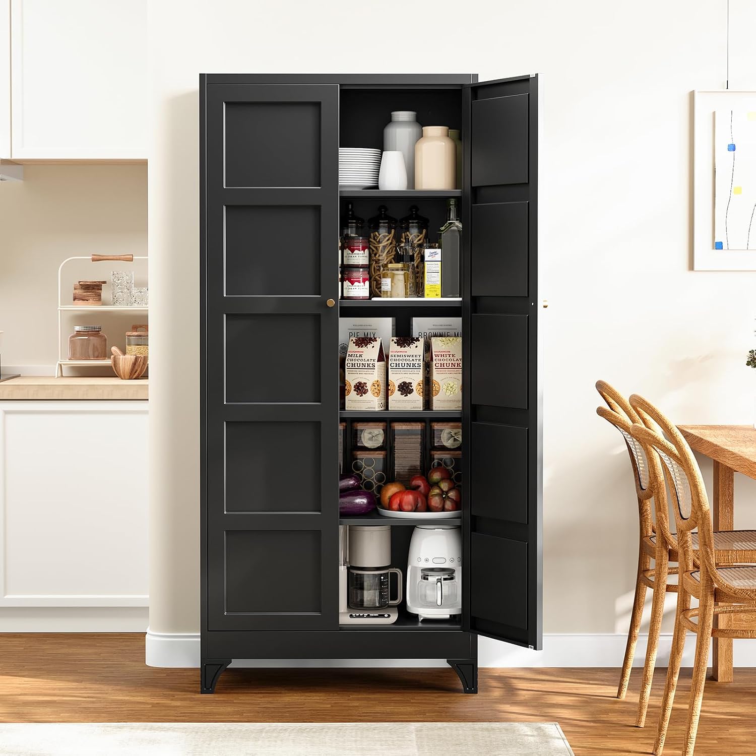 Metal Storage Cabinet with 2 Doors and 4 Adjustable Shelves - 61" White Kitchen Pantry Storage 5-Tier Tall Steel Cabinets Locker for Kitchen, Living Room, Dining Room