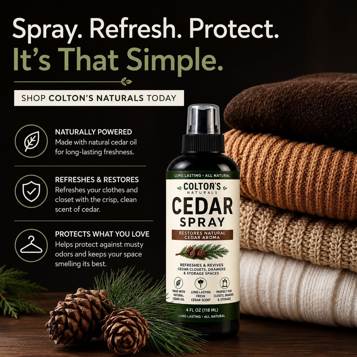 Colton's Naturals Cedar Spray – 4 ounce – With Lavender Extract – Non-Chemical Wood Protection – for Cedar Wood – Restores Scent 4oz