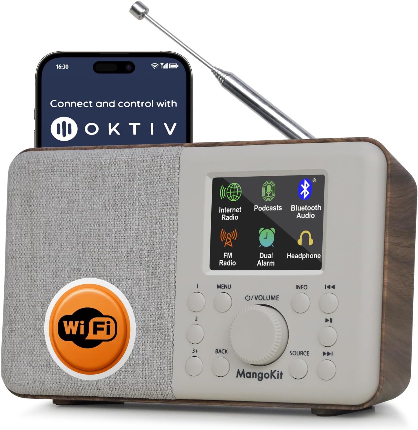 SR10 WiFi Radio, Bluetooth, FM & Internet, Walnut | 60 presets, dual alarms, colour display, OKTIV App control, podcast player, mains or AA battery, headphone jack, compact