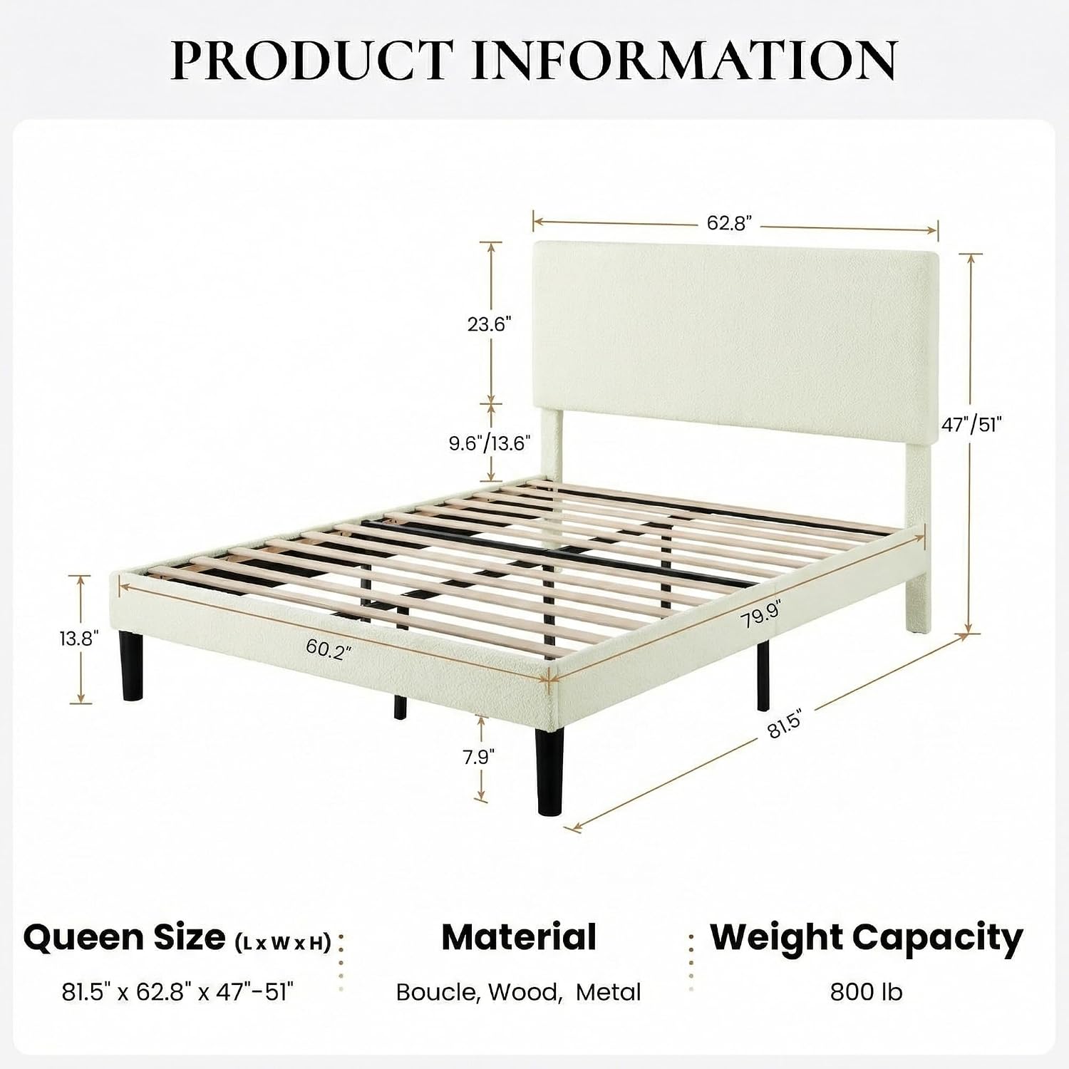 SHA CERLIN Boucle Upholstered Queen Size Bed Frame, White | Platform Bed with Adjustable Headboard, Wooden Slats Support, No Box Spring Needed, Noise-Free, Easy Assembly