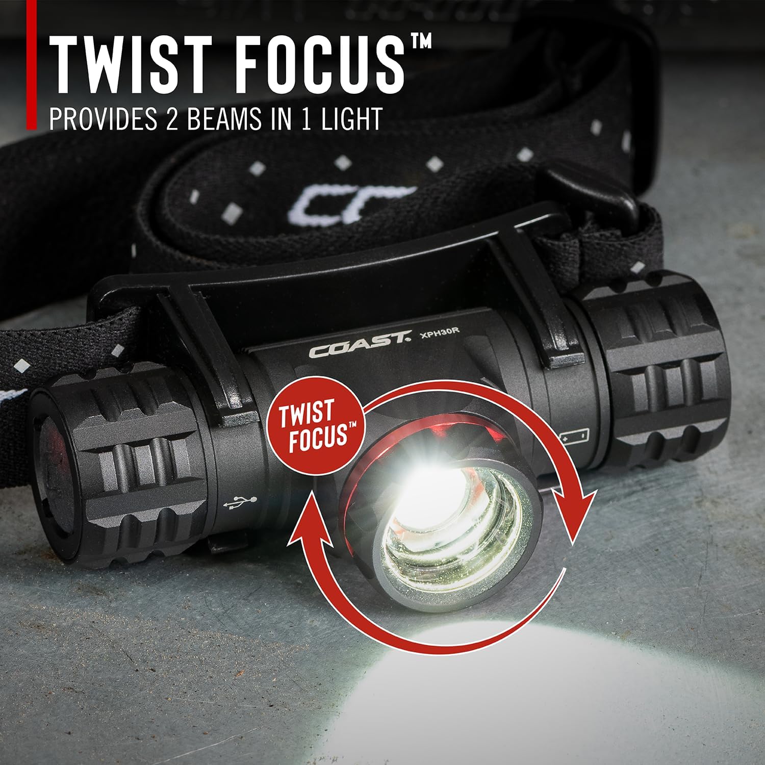 Coast XPH30R 1200 Lumen USB-C Rechargeable Dual Power Headlamp with Twist Focus Beam and Magnetic Base, 4.37 oz. - Black