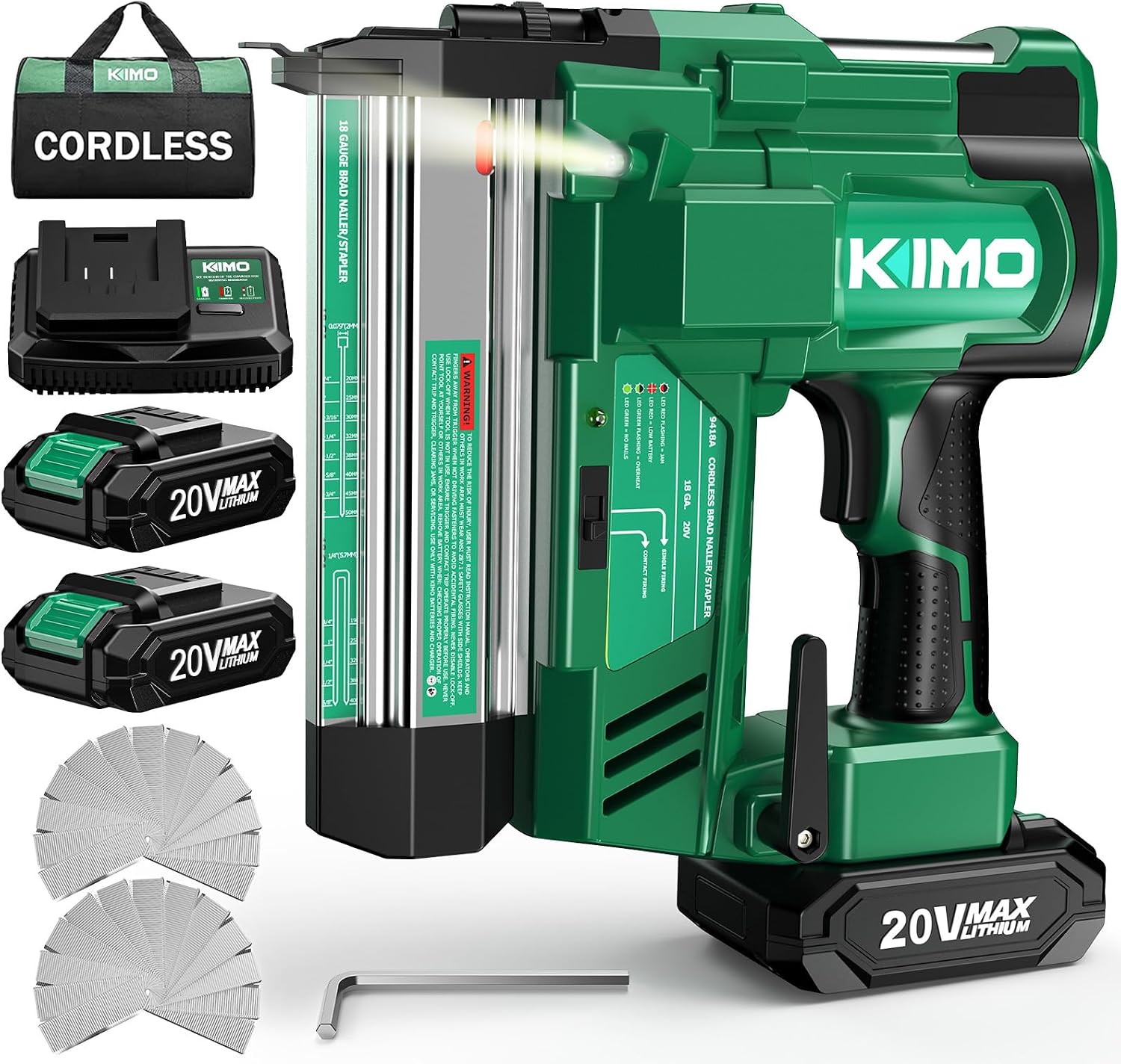KIMO 18 Gauge Nail Gun Battery Powered w/ 2 X 2.0Ah Battery, 1000pcs Nails and Staples, 2 IN 1 Cordless Brad Nailer and Stapler, 2 Firing Modes
