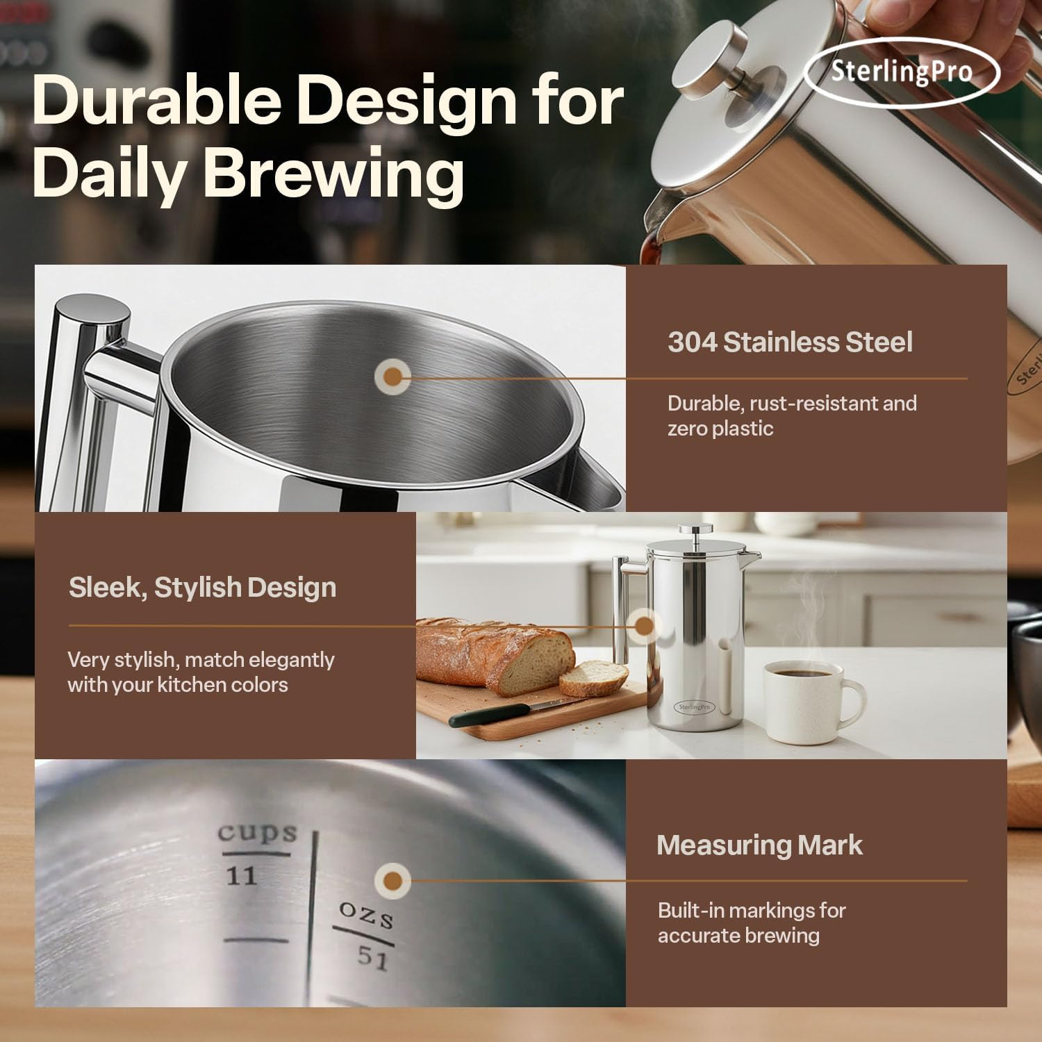 SterlingPro Large Insulated Stainless Steel French Press Coffee Maker 51oz Capacity (44 oz Brew Yield) – Double Wall Metal Coffee Press | Plastic Free | Cool-Touch | Mirror Finish | 12 Cups / 6 Mugs