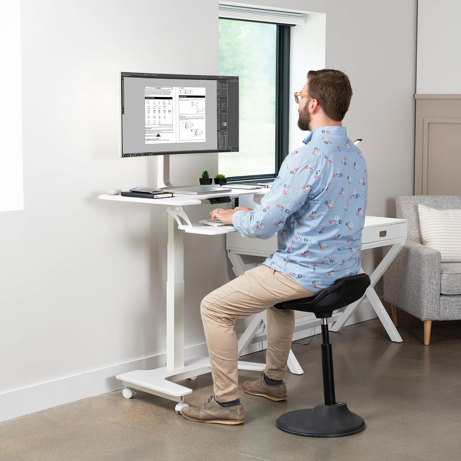 VIVO Black Electric Mobile Height Adjustable 36 inch Dual Platform Standing Desk with Wheels, Rolling Small Space Table, Sit Stand Workstation, DESK-V111VT