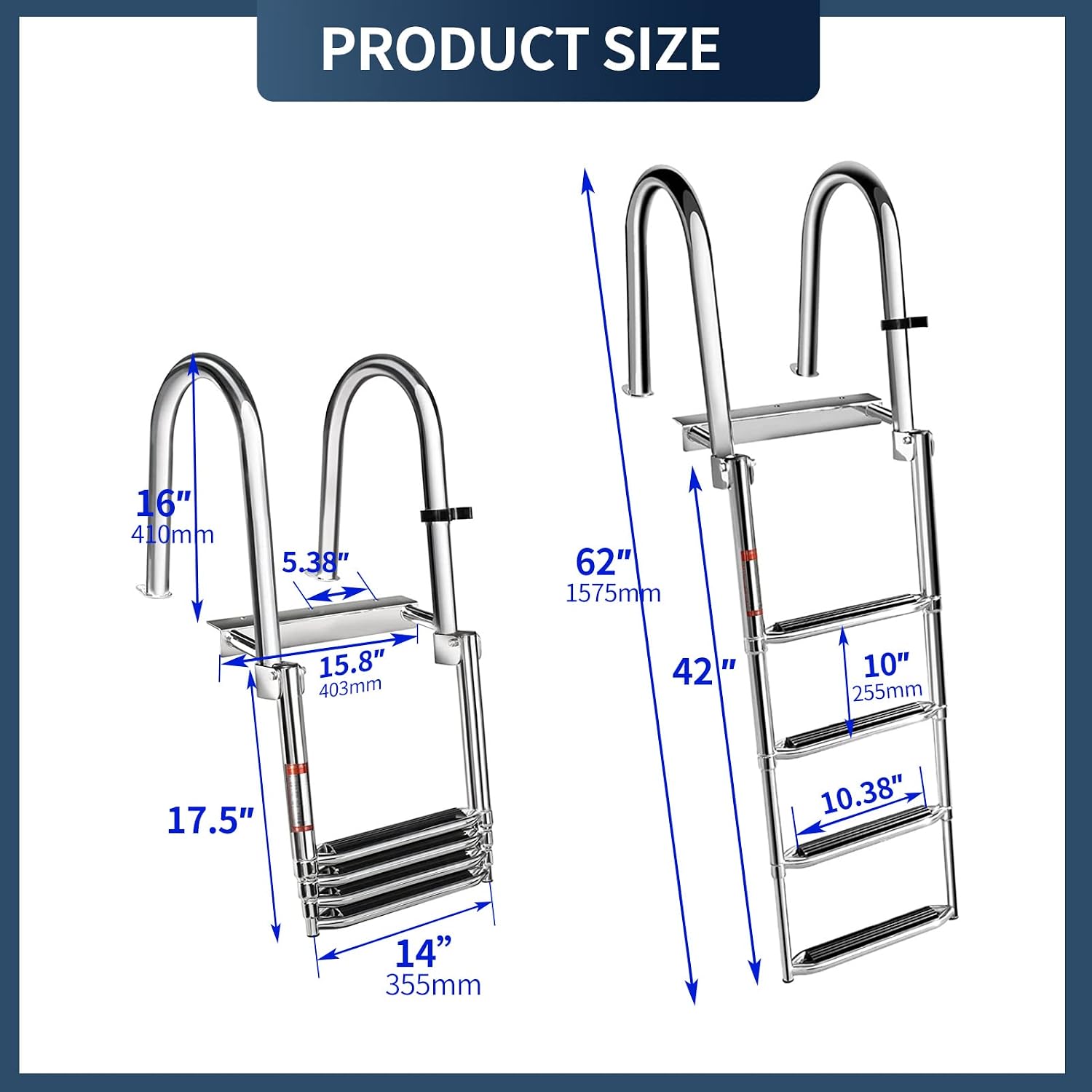 4-Step Pontoon Boat Ladder, 316 Stainless Steel Folding Telescoping Inboard Ladder with Hand Railing and Extra Wide Steps