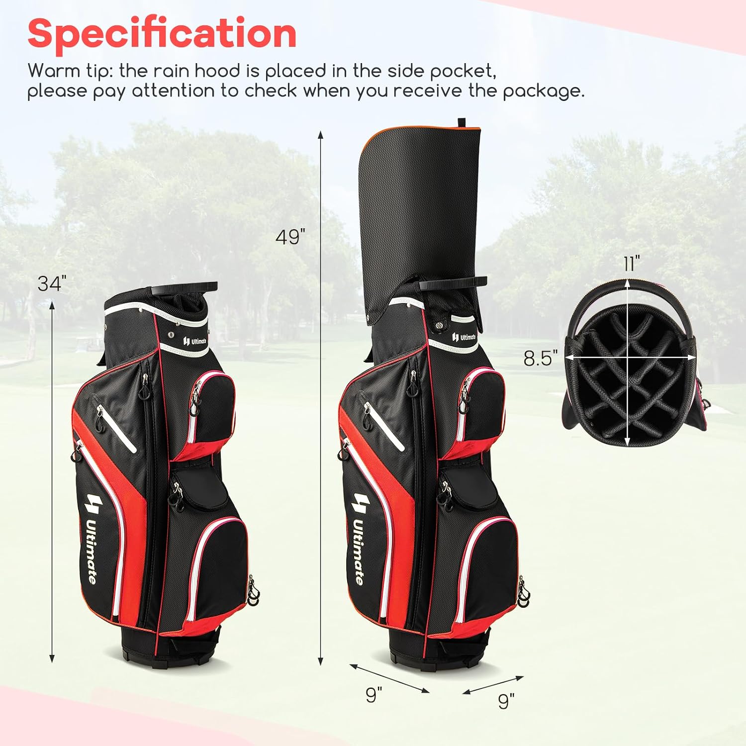 ULTIMATE Golf Cart Bag with 14-Way Top Dividers, Golf Club Bag w/ 9 Pockets incl. Cooler Bag, Rain Hood/Dust Cover, Detachable Shoulder Strap & Carry Handles, Lightweight for Men & Women