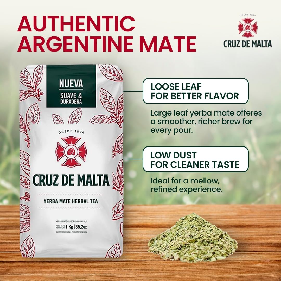 Cruz de Malta Yerba Mate Loose Leaf Tea 2.2 Lb - 1Kg - Pack of 2 | Large leaf, low dust for a smoother traditional mate. U.S. retail packaging