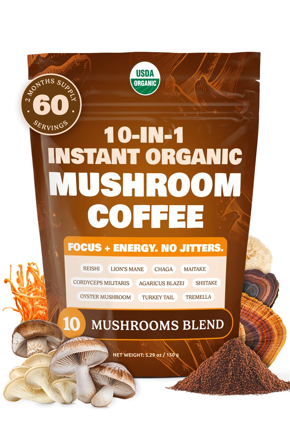 ShroomDNA Mushroom Coffee Blend with Chaga & Lion's Mane | Instant Focus + Clarity All Day | Organic + Vegan + Gluten Free | No Added Sugar | 20 Count