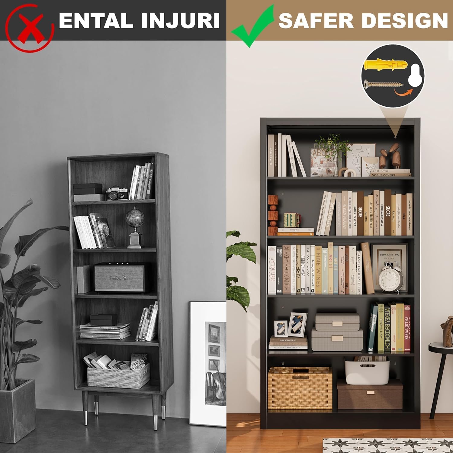 66 in Black Heavy Duty Metal Bookshelf, 5-Tier Adjustable Tall Bookcase, Industrial Floor Standing Storage Shelf 180 lbs Load Per Shelf for Living Room Home Office Bedroom Garage