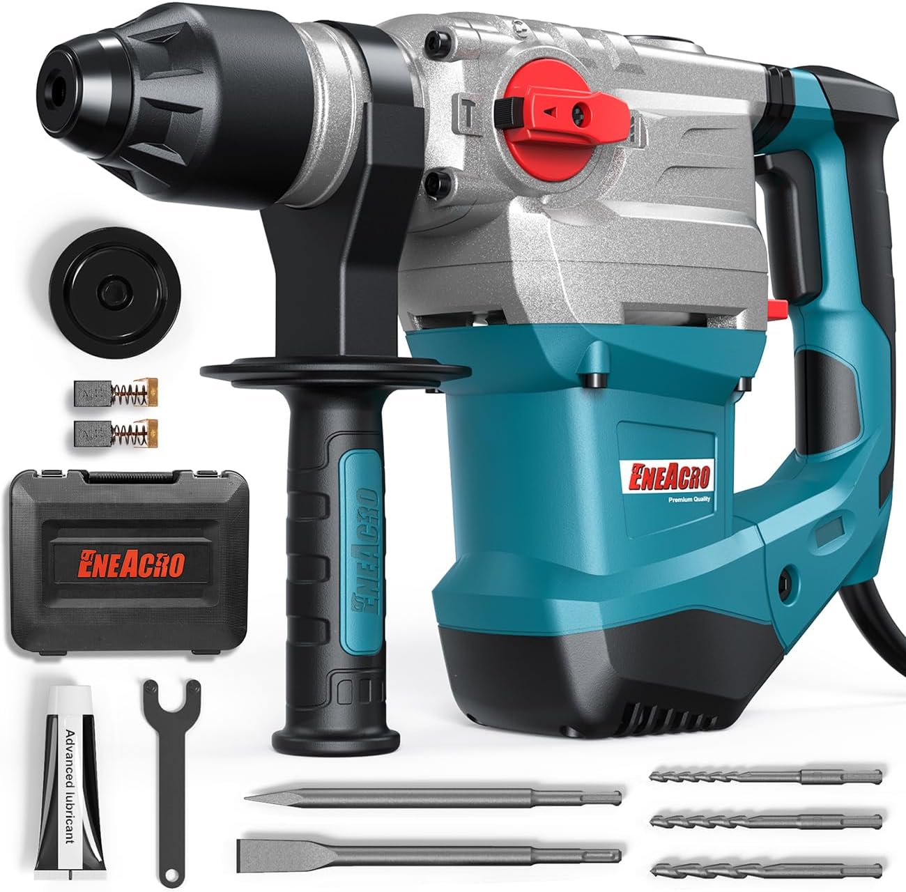 ENEACRO 1-1/4 Inch SDS-Plus 13 Amp Heavy Duty Rotary Hammer Drill | Safety Clutch, 4 Functions, Vibration Control, Includes Grease
