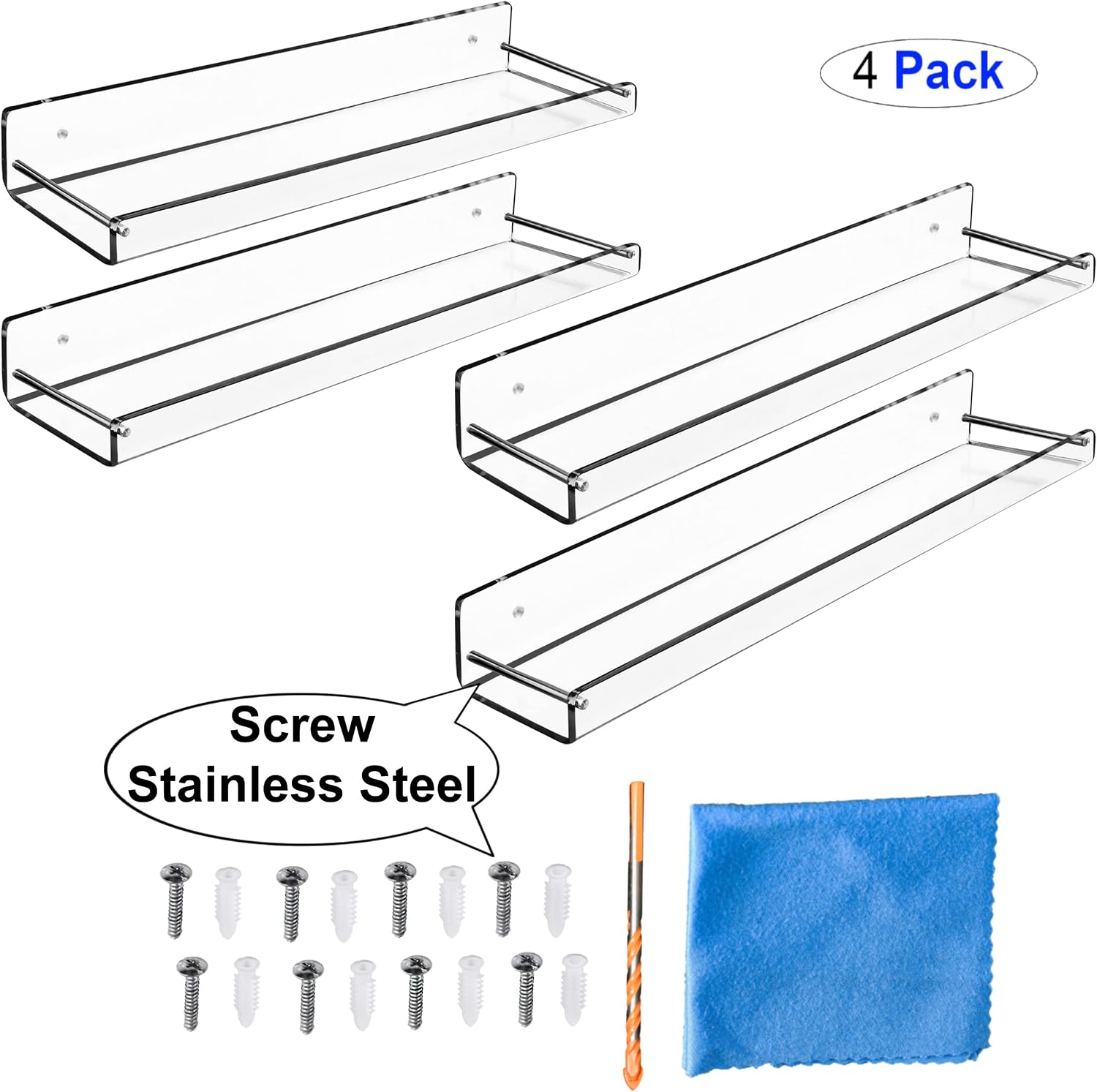 AMT 2 Pack Acrylic Floating Shelves, 15" L x 4" W, Clear Bathroom Wall, Bookshelves, Invisible Display for Office, Bedroom