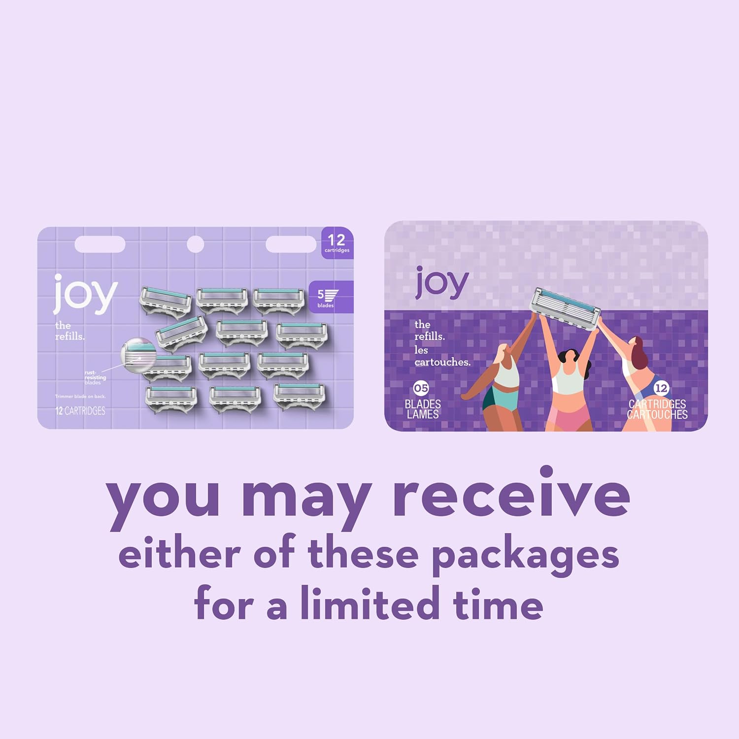 joy Womens Razor Blade Refills, 12 Count, Purple, Lubrastrip to Help Avoid Skin Irritation