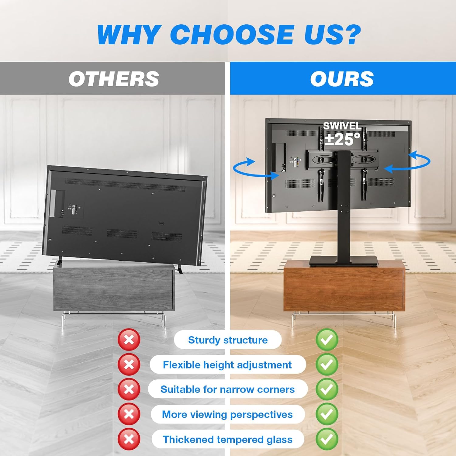 Rfiver Universal TV Stand for 32-75 inch TVs, Support Swivel and Tilt | Height Adjustable, Tempered Glass Base, Holds 110lbs, Max VESA 400x400mm, Ideal for Bedroom & Living Room