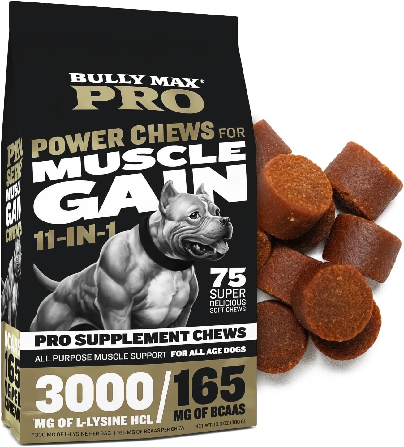 Bully Max 11-in-1 Dog Muscle Builder Power Chews - High Protein Muscle Gain Supplement with Amino Acids - Vet-Recommended for Puppy & Adult Canines