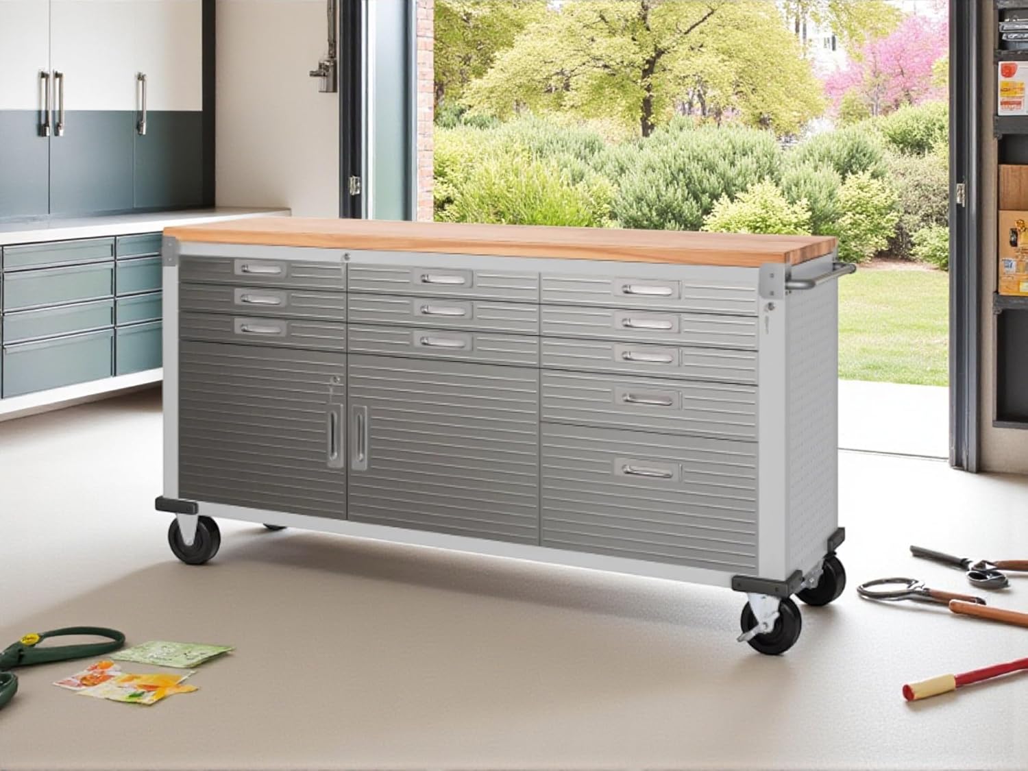 Heavy-Duty Rolling Workbench with Drawers and Cabinet, 77" W x 20" D x 37.5" H, (Red, 11 Drawer)
