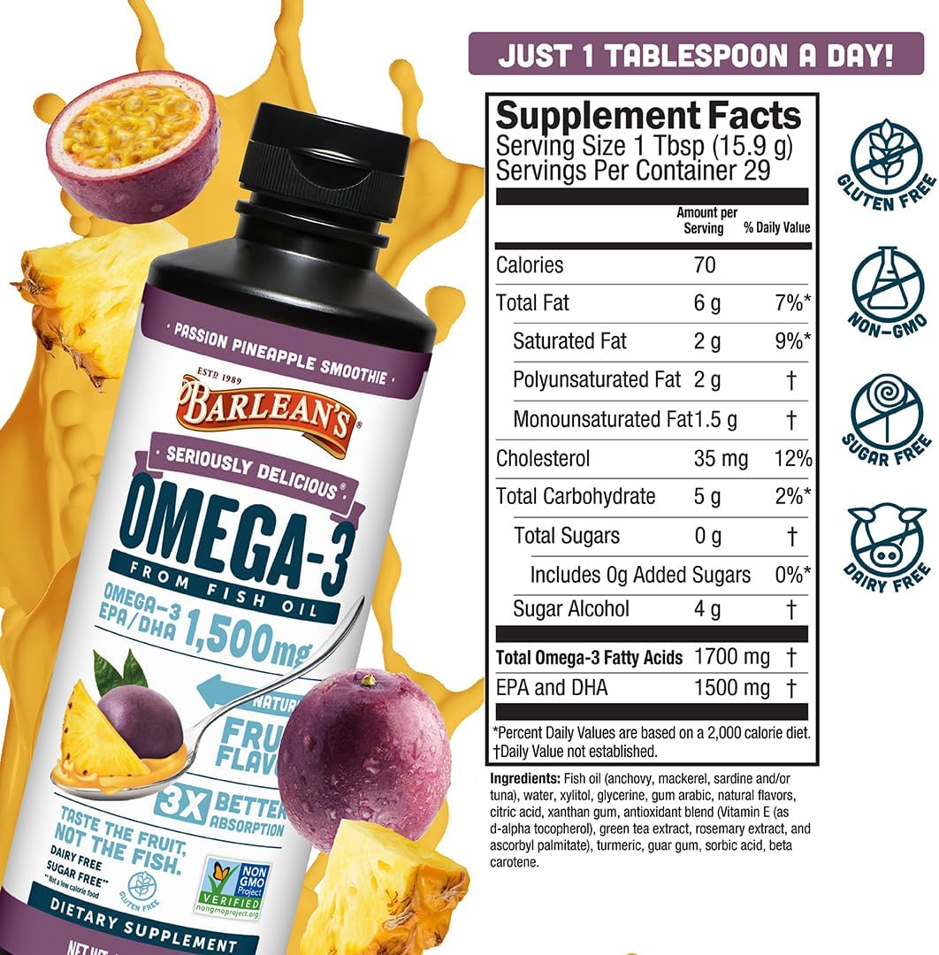 Barlean's Mango Peach Omega-3 Fish Oil, Vitamin D, 1080mg EPA & DHA, 8oz | Wild-caught fish oil plus vitamin D, EPA DHA omega-3, Burpless, Non-GMO, Gluten-free, Heart, brain, bone & immune