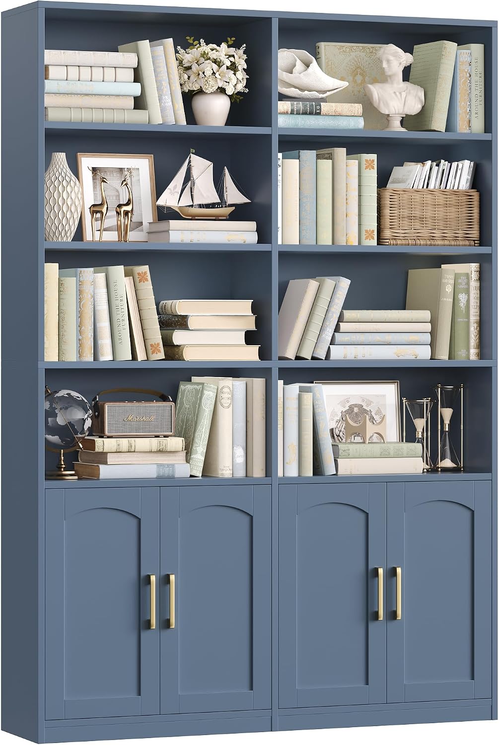Bookshelf and Bookcase with Doors, Double Wide Large Bookshelves | Industrial Open Display Shelves 6 Tier, 73'' Tall Bookshelf with Storage Cabinets for Office,Home, Living Room, Library,White