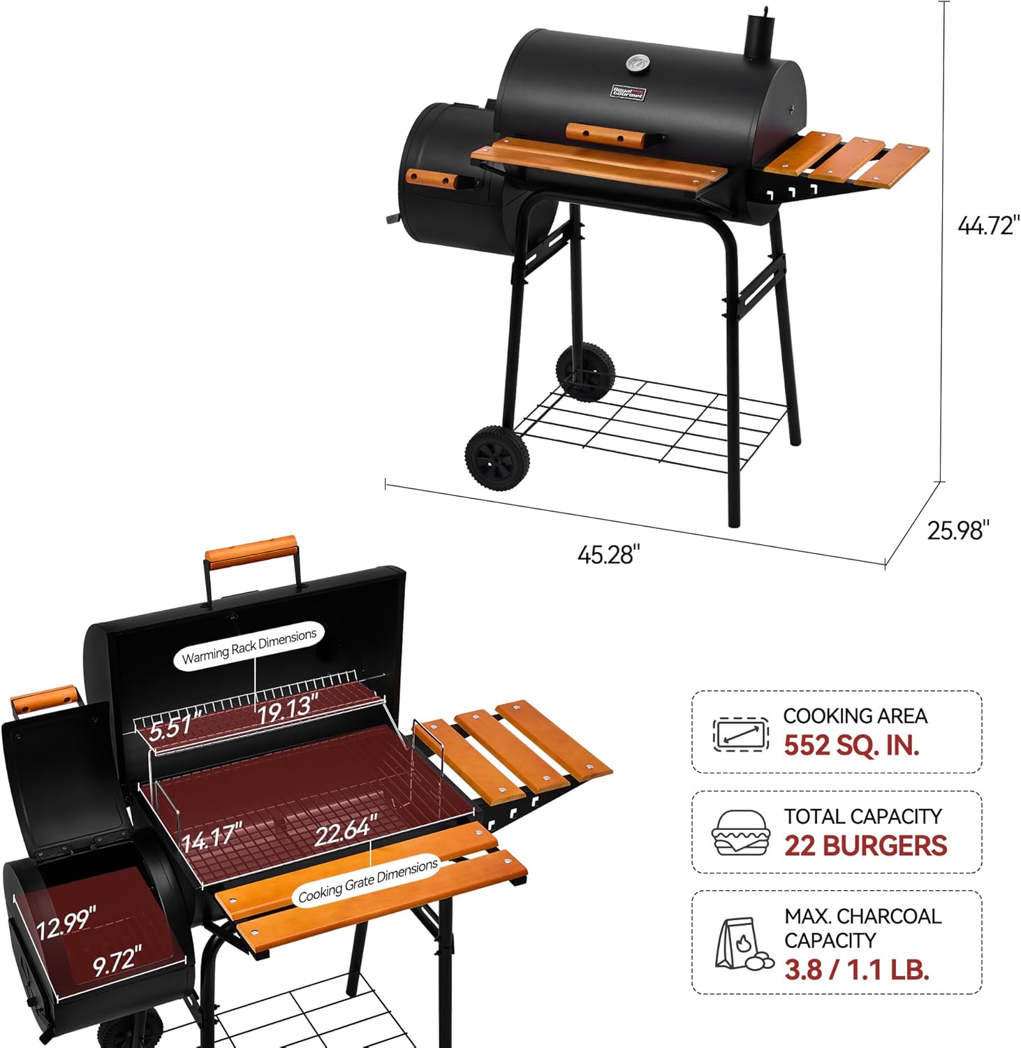 Royal Gourmet CC1624W Barrel Charcoal Grill with Offset Smoker, 552 Sq. In. | Wooden Front and Side Shelf with Hooks, Mesh Bottom Shelf