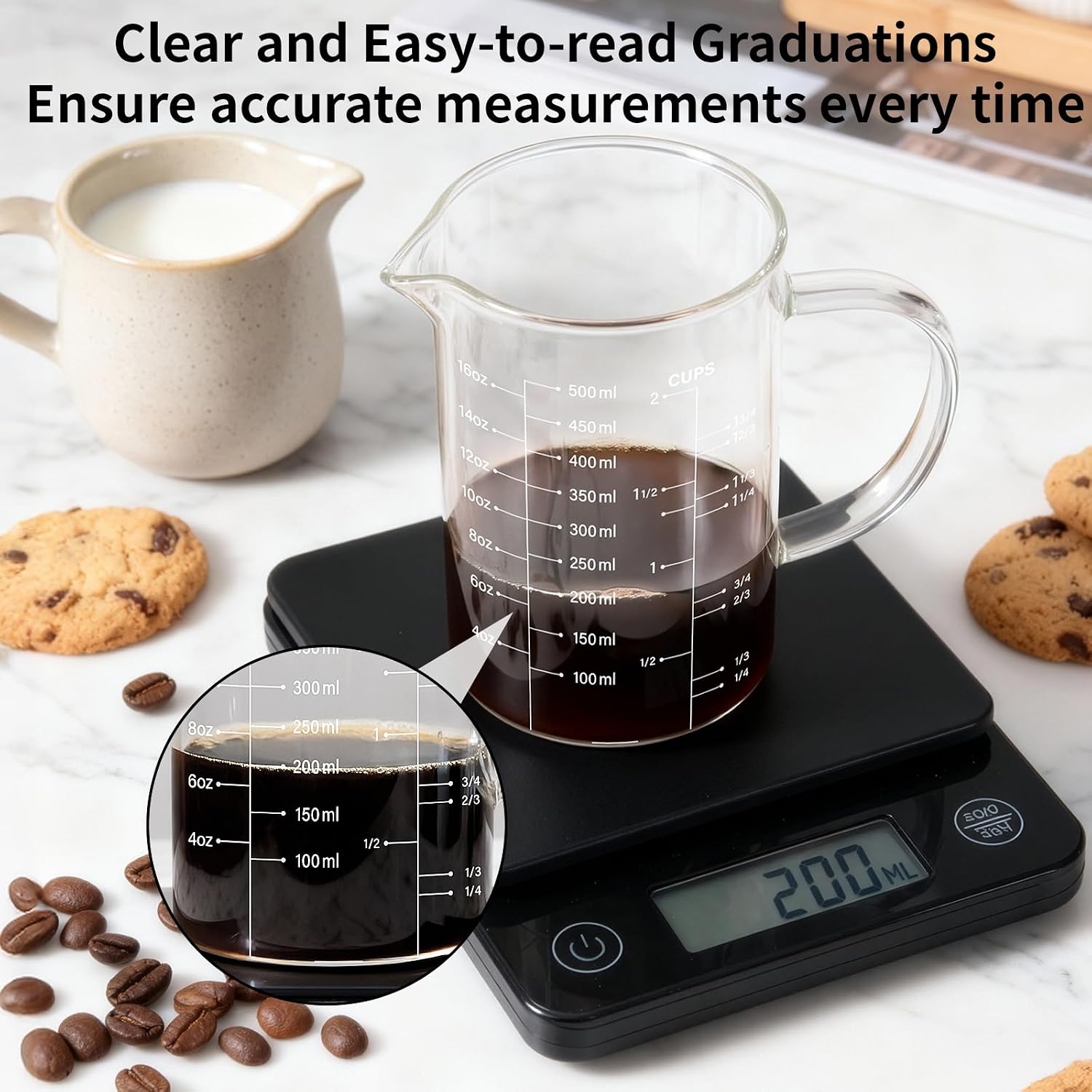 2 Cup Glass Measuring Cup, [Insulated handle, V-Shaped Spout], High Borosilicate Glass Measuring Cup for Kitchen or Restaurant, Easy To Read, 500 ML (0.5 Liter, 2 Cup)