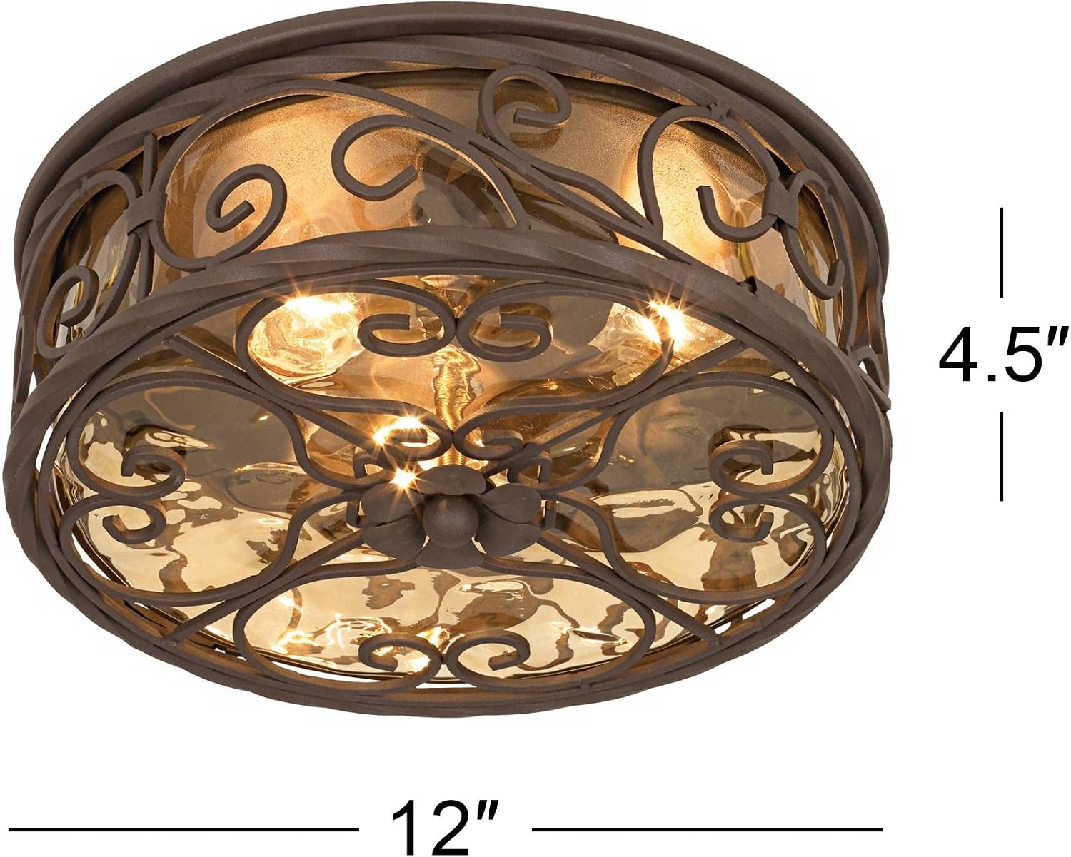 Casa Seville 12" Walnut Rustic Indoor-Outdoor Ceiling Light Fixture | Flush-Mount Dark Scroll Water Glass Damp Rated for Exterior House Porch Patio Outside Deck Garage Front Door Home