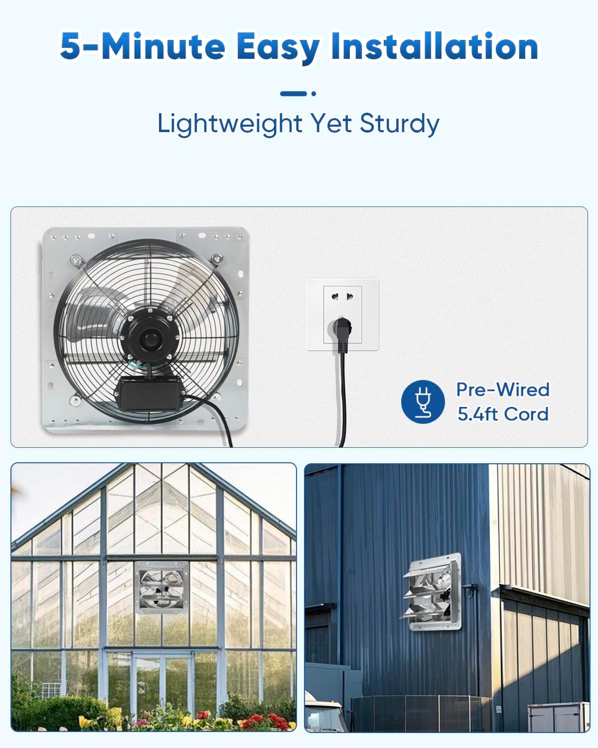 KEN BROWN 12 Inch Shutter Exhaust Fan Wall Mounted, Aluminum with 1.65 Meters Power Cord Kit, High Speed 1450CFM, Vent fan for Commercial, Greenhouse